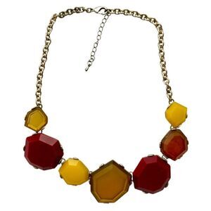 Statement Necklace | Red, Yellow, Orange Faux Stone | Gold Tone Chain